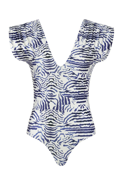 The Lisette One Piece by Carolina K features a deep V-neck, cap sleeves, and a blue and white zebra stripe pattern, offering stylish UV protection.