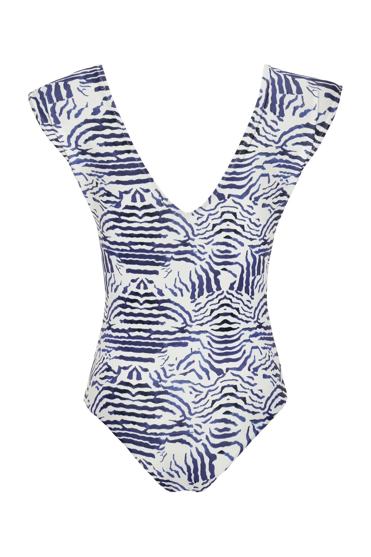 The Lisette One Piece by Carolina K features a deep V-neck and bold blue and white abstract tiger stripe print, offering stylish design and added UV protection.