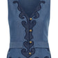 The Rebekka Vest by Carolina K is a sleeveless Tencel denim vest with navy swirl embroidery, gold button closure, two front flap pockets, and a V-neckline.