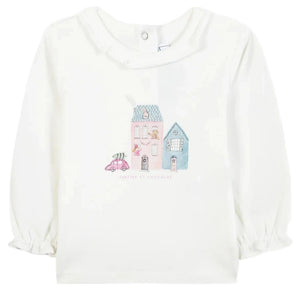 Tartine et Chocolat Baby Girls' Country House Illustration Ruffled T-Shirt features long sleeves, a pastel scene with two houses and a car, plus the brand’s logo—offering everyday comfort and style.