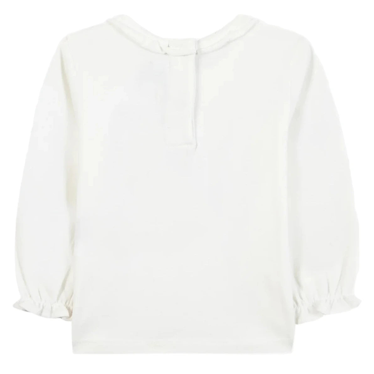 The Tartine et Chocolat Baby Girls' and Girls' Country House Illustration Ruffled T-Shirt in off-white is shown from the back, featuring a ruffle collar and elastic cuffs for extra baby comfort.