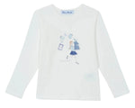 The Tartine et Chocolat Girls' Long-Sleeved Graphic T-Shirt features a Parisian-inspired design of a girl with a stack of books and floating books—perfect for junior girls who love reading.
