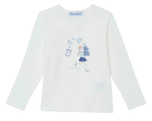 The Tartine et Chocolat Girls' Long-Sleeved Graphic T-Shirt features a Parisian-inspired design of a girl with a stack of books and floating books—perfect for junior girls who love reading.