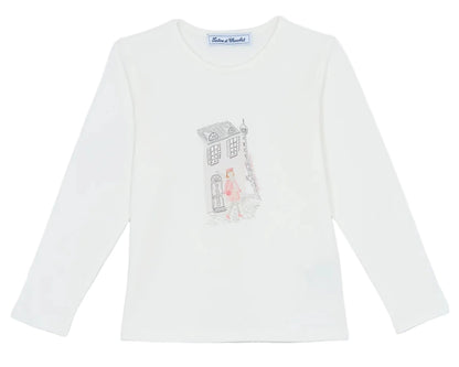 The Tartine et Chocolat Girls' Long-Sleeved Graphic T-Shirt features an ecru design with a Parisian-style illustration of a person walking by a building on the chest.