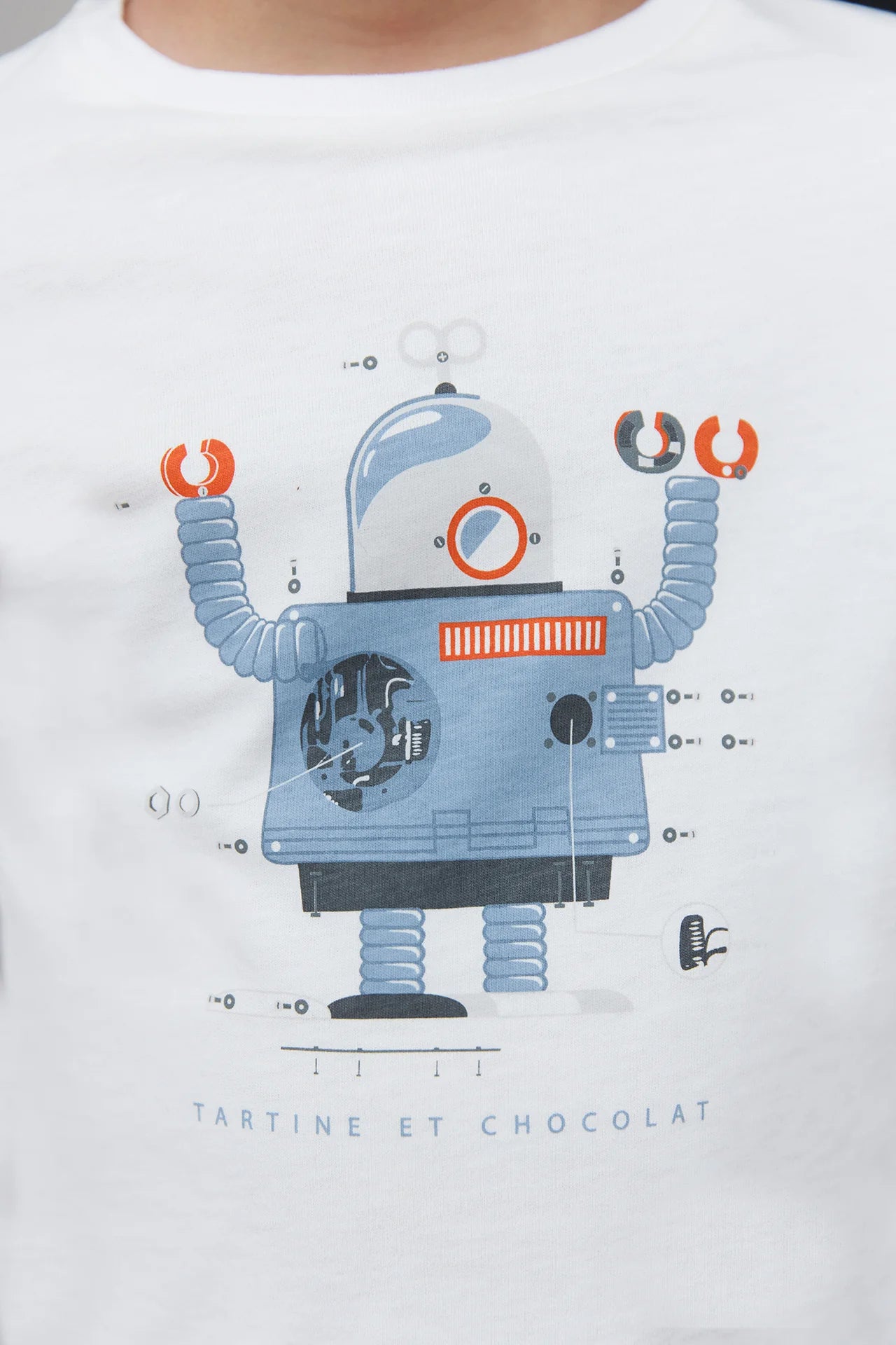 The Boys' Robot Illustration Long-Sleeved T-Shirt by Tartine et Chocolat features an ecru base with a blue and gray robot print, showcasing raised arms and mechanical details.