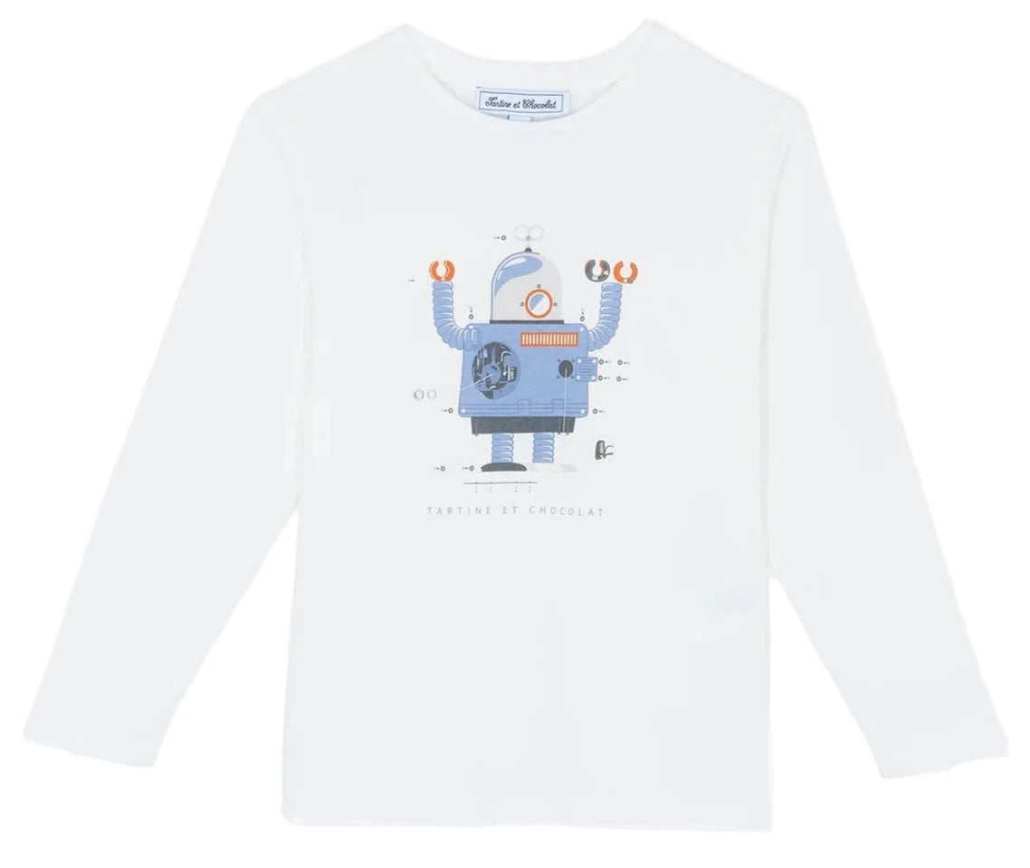 The Boys' Robot Illustration Long-Sleeved T-Shirt by Tartine et Chocolat features a blue robot graphic with labeled parts and the brand name below.