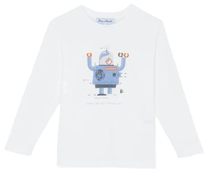 The Boys' Robot Illustration Long-Sleeved T-Shirt by Tartine et Chocolat features a blue robot graphic with labeled parts and the brand name below.