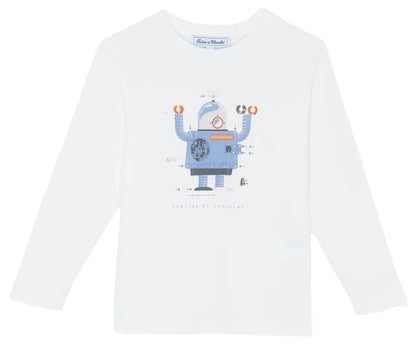 The Boys' Robot Illustration Long-Sleeved T-Shirt by Tartine et Chocolat features a blue robot graphic with labeled parts and the brand name below.