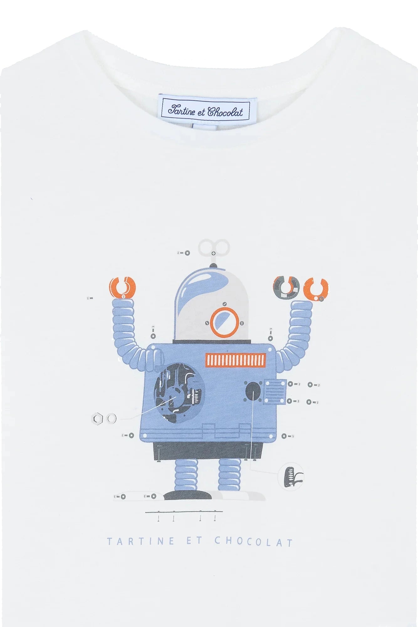 The Boys' Robot Illustration Long-Sleeved T-Shirt by Tartine et Chocolat features a playful robot with blue, gray, and orange details, plus the brand's logo below the graphic.