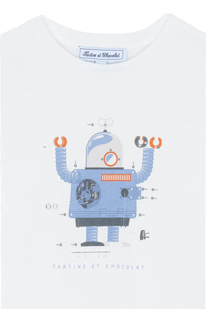 The Boys' Robot Illustration Long-Sleeved T-Shirt by Tartine et Chocolat features a playful robot with blue, gray, and orange details, plus the brand's logo below the graphic.
