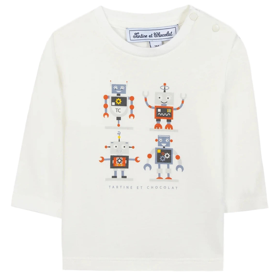 The Baby Boys and Boys' Robots Illustration T-Shirt by Tartine et Chocolat features four colorful cartoon robots and the brand's printed logo underneath.