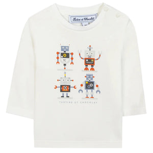 The Baby Boys and Boys' Robots Illustration T-Shirt by Tartine et Chocolat features four colorful cartoon robots and the brand's printed logo underneath.