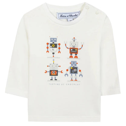 The Baby Boys and Boys' Robots Illustration T-Shirt by Tartine et Chocolat features four colorful cartoon robots and the brand's printed logo underneath.