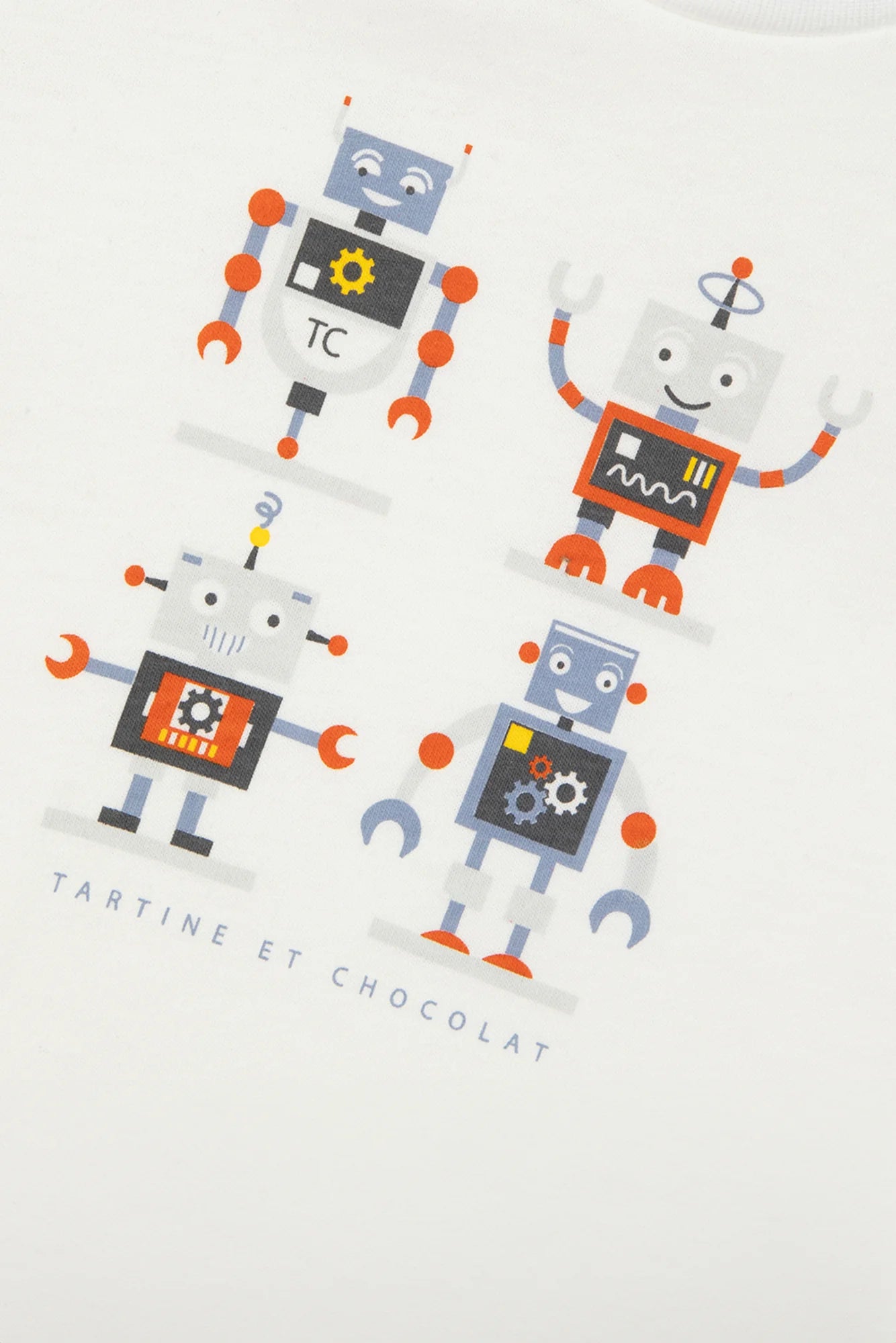 The Baby Boys and Boys' Robots Illustration T-Shirt by Tartine et Chocolat features four colorful robot designs and the brand name on a white background.