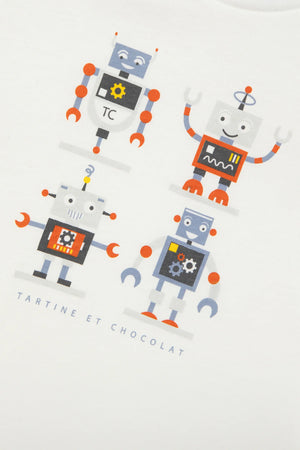 The Baby Boys and Boys' Robots Illustration T-Shirt by Tartine et Chocolat features four colorful robot designs and the brand name on a white background.