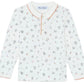 The Tartine et Chocolat Baby Boys' and Boys' Robots Illustration Long Sleeved Polo features a white design with robot patterns, geometric details, an orange-trimmed collar, and a partial button placket.