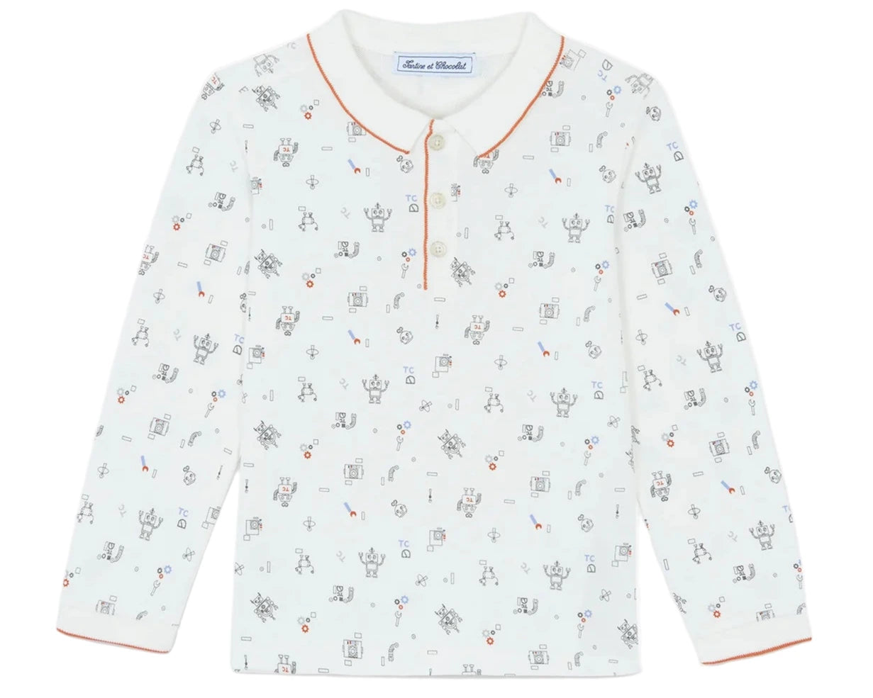The Tartine et Chocolat Baby Boys' and Boys' Robots Illustration Long Sleeved Polo features a white design with robot patterns, geometric details, an orange-trimmed collar, and a partial button placket.