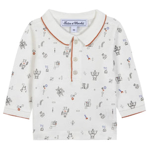 The Tartine et Chocolat Baby Boys' and Boys' Robots Illustration Long Sleeved Polo features a white base, fun robot designs, and bold orange trim on the collar and cuffs.