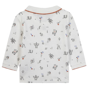 The Tartine et Chocolat Baby Boys' and Boys' Robots Illustration Long Sleeved Polo features a white collar design with colorful robot and technology-themed prints.