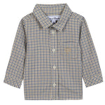 The Tartine et Chocolat Baby Boys' and Boys' Bark at Check Collared Shirt features a brown, blue, and white check pattern, chest pocket, and pointed collar—crafted from comfortable fabric and shown on a white background.