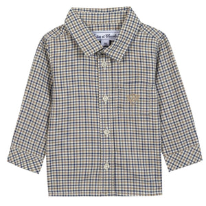 The Tartine et Chocolat Baby Boys' and Boys' Bark at Check Collared Shirt features a brown, blue, and white check pattern, chest pocket, and pointed collar—crafted from comfortable fabric and shown on a white background.