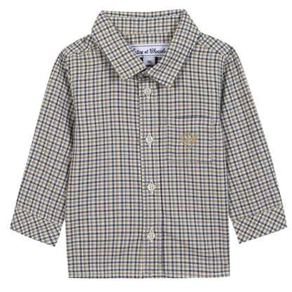 The Tartine et Chocolat Baby Boys' and Boys' Bark at Check Collared Shirt features a brown, blue, and white check pattern, chest pocket, and pointed collar—crafted from comfortable fabric and shown on a white background.
