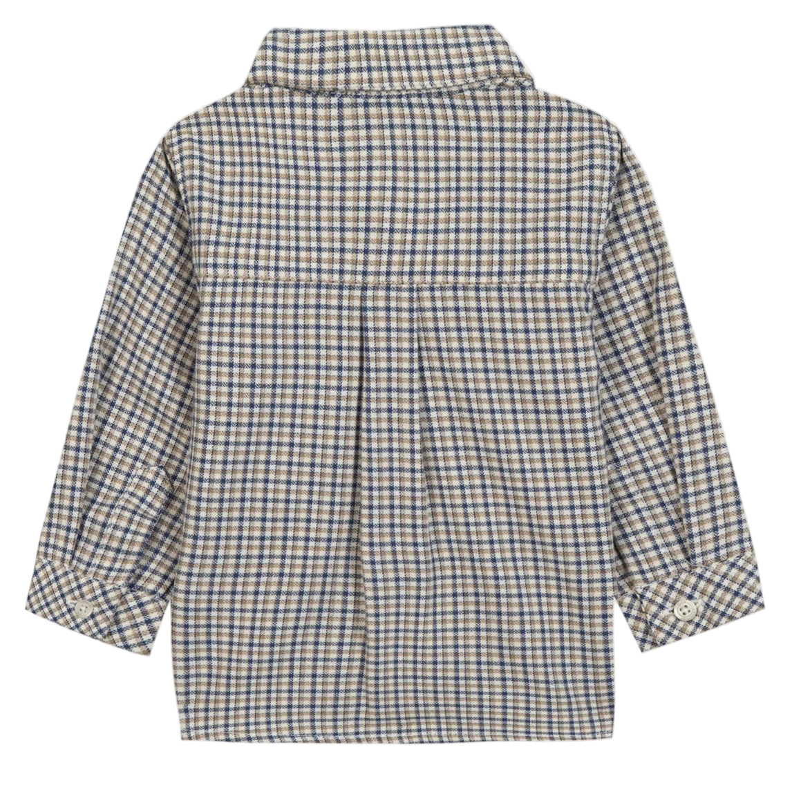 The Tartine et Chocolat Baby Boys' and Boys' Bark at Check Collared Shirt features a blue, beige, and white checkered pattern in comfy fabric. This long-sleeved button-up is pictured from the back with a turned-down collar.