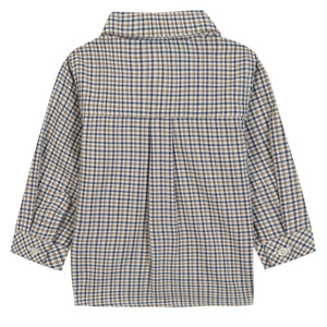 The Tartine et Chocolat Baby Boys' and Boys' Bark at Check Collared Shirt features a blue, beige, and white checkered pattern in comfy fabric. This long-sleeved button-up is pictured from the back with a turned-down collar.