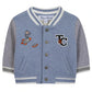 The Tartine et Chocolat Baby Boys' and Boys' Easy Bomber Cardigan features a sporty blue and gray design with snap buttons, striped collar and cuffs, front pockets, plus embroidered robot, rocket, planet, and "T&C" details.