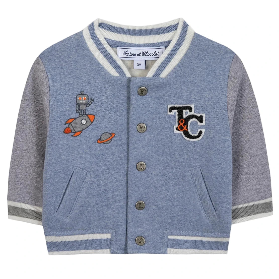 The Tartine et Chocolat Baby Boys' and Boys' Easy Bomber Cardigan features a sporty blue and gray design with snap buttons, striped collar and cuffs, front pockets, plus embroidered robot, rocket, planet, and "T&C" details.