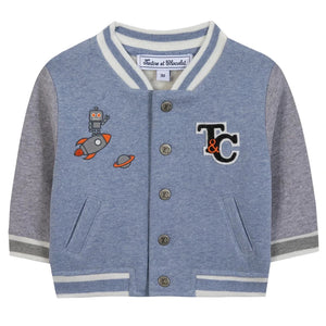 The Tartine et Chocolat Baby Boys' and Boys' Easy Bomber Cardigan features a sporty blue and gray design with snap buttons, striped collar and cuffs, front pockets, plus embroidered robot, rocket, planet, and "T&C" details.