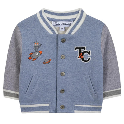 The Tartine et Chocolat Baby Boys' and Boys' Easy Bomber Cardigan features a sporty blue and gray design with snap buttons, striped collar and cuffs, front pockets, plus embroidered robot, rocket, planet, and "T&C" details.