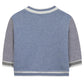 Back view of Tartine et Chocolat's Baby Boys' and Boys' Easy Bomber Cardigan in blue and grey, featuring white trim on the collar, cuffs, and hem.