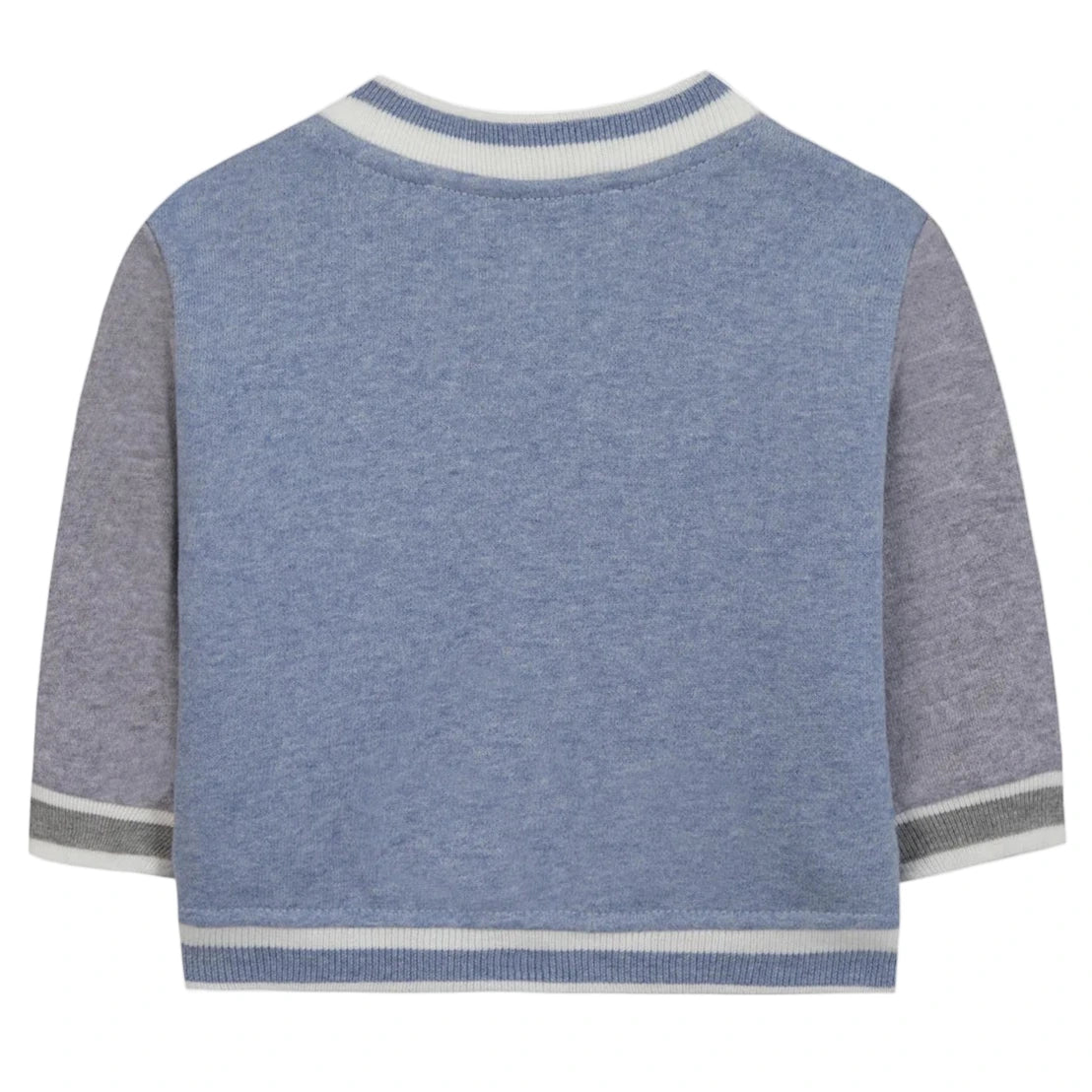 Back view of Tartine et Chocolat's Baby Boys' and Boys' Easy Bomber Cardigan in blue and grey, featuring white trim on the collar, cuffs, and hem.