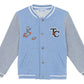 The Tartine et Chocolat Baby Boys' and Boys' Easy Bomber Cardigan is a light blue and gray cardigan for kids with snap buttons, playful robot-on-rocket graphic, and "T&C" letters on the front.