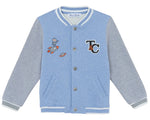 The Tartine et Chocolat Baby Boys' and Boys' Easy Bomber Cardigan is a light blue and gray cardigan for kids with snap buttons, playful robot-on-rocket graphic, and "T&C" letters on the front.