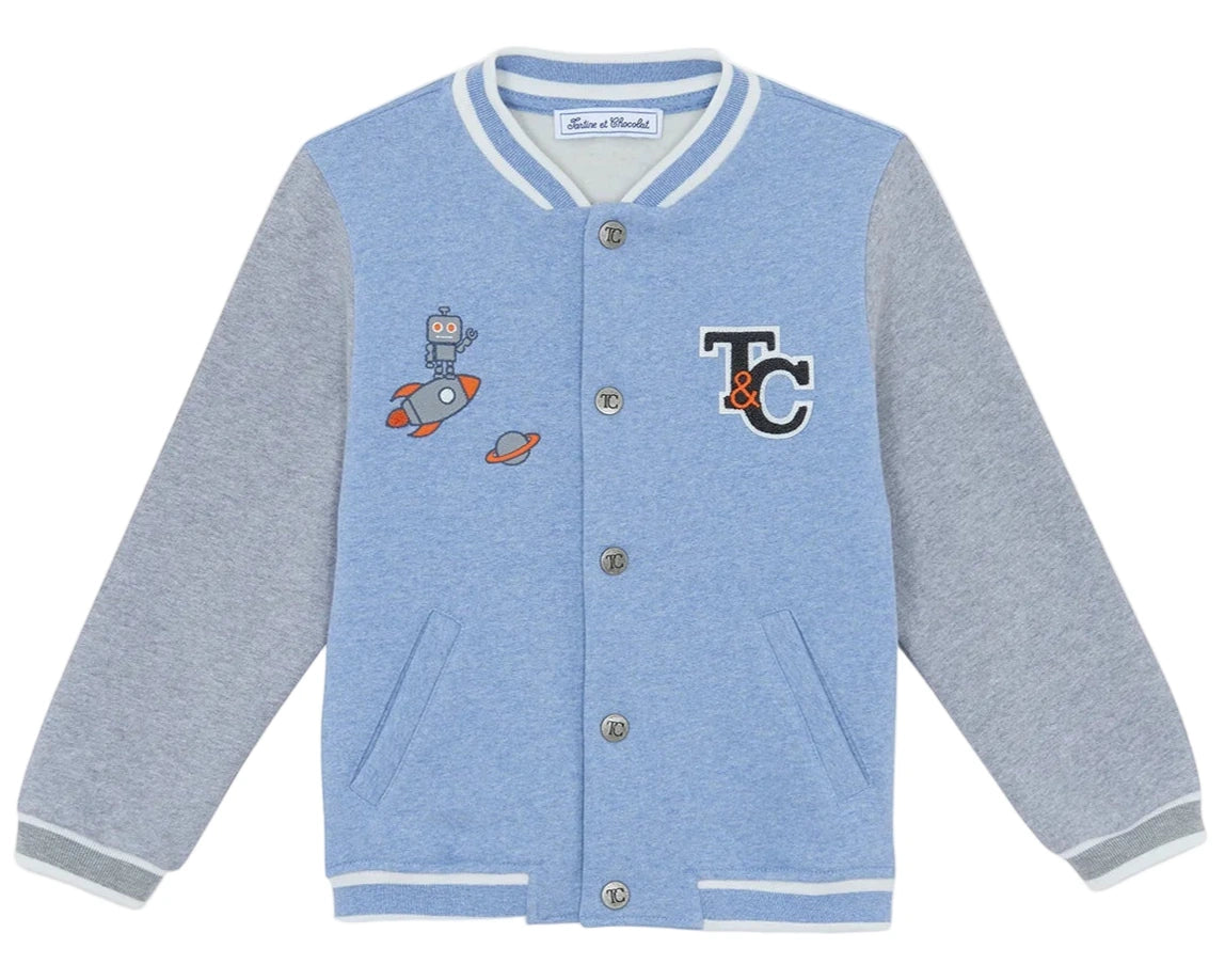 The Tartine et Chocolat Baby Boys' and Boys' Easy Bomber Cardigan is a light blue and gray cardigan for kids with snap buttons, playful robot-on-rocket graphic, and "T&C" letters on the front.