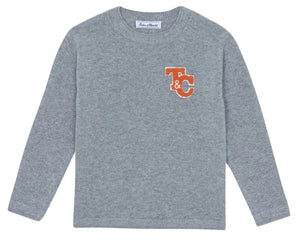 The Tartine et Chocolat Boys' Grey China Wool TC Signature Pullover Sweater features orange "T & C" embroidery on the left chest, blending comfort and style in soft knitwear for junior boys.