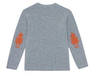 The Tartine et Chocolat Boys' Grey China Wool TC Signature Pullover Sweater is a soft knit with long sleeves, featuring orange robot graphics on both elbows, and is shown flat with the back side facing up.