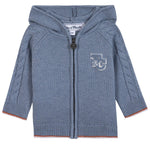 The Tartine et Chocolat Baby Boys' and Boys' TC Signature Knit Zip Jacket features a light blue color, hood, zipper closure, cable knit sleeves, and a “T&C” monogram on the left chest for a classic touch.