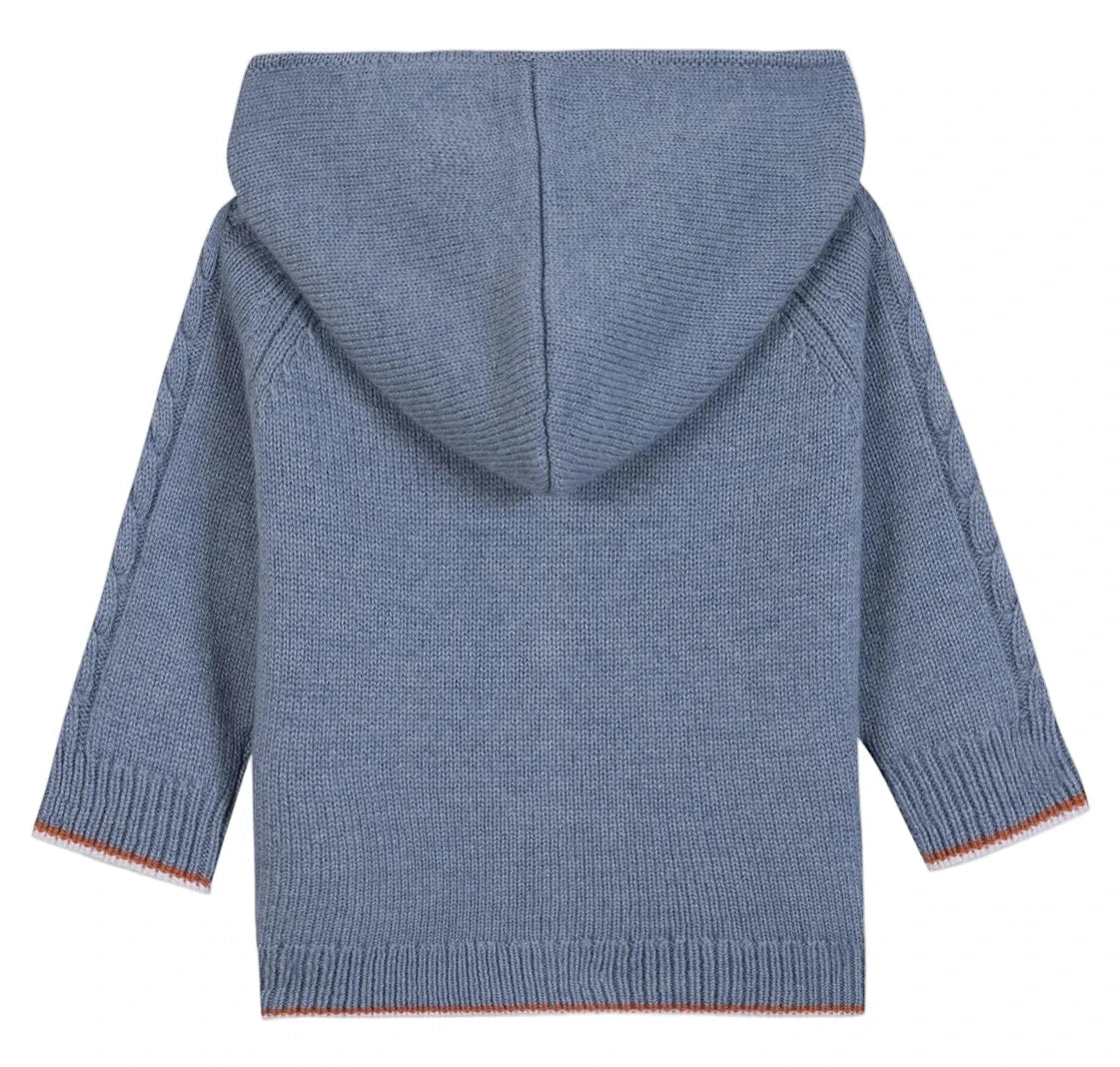 The Tartine et Chocolat Baby Boys' and Boys' TC Signature Knit Zip Jacket features a blue-greybait hue, hood, long sleeves, ribbed cuffs, straight hem, and the TC monogram. Shown from the back.