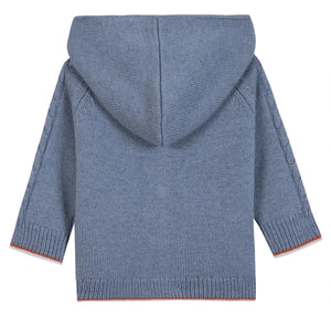 The Tartine et Chocolat Baby Boys' and Boys' TC Signature Knit Zip Jacket features a blue-greybait hue, hood, long sleeves, ribbed cuffs, straight hem, and the TC monogram. Shown from the back.