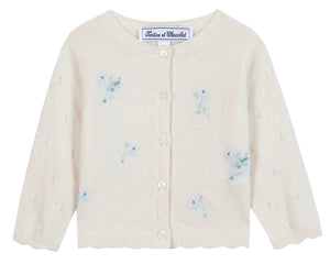 The Tartine et Chocolat Baby Girls' and Girls' Emeraude Embroidery Floral Cardigan features a cream color, front buttons, and delicate light blue floral embroidery.
