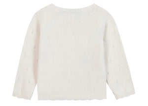 The image shows the back of the Tartine et Chocolat Baby Girls' and Girls' Emeraude Embroidery Floral Cardigan, an off-white wool design with long sleeves and subtle decorative holes.