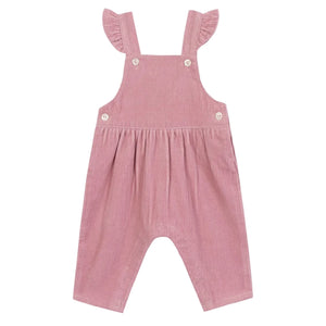 Tartine et Chocolat Baby Girl's Velvet Overalls with ruffled shoulder straps, button fastenings, and wide legs, shown laid flat on a white background.