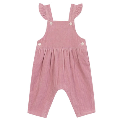 Tartine et Chocolat Baby Girl's Velvet Overalls with ruffled shoulder straps, button fastenings, and wide legs, shown laid flat on a white background.