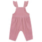 Tartine et Chocolat Baby Girl's Velvet Overalls in Eglantine pink, featuring ruffle straps, sleeveless design, gathered waist, and wide legs, displayed on a plain white background.
