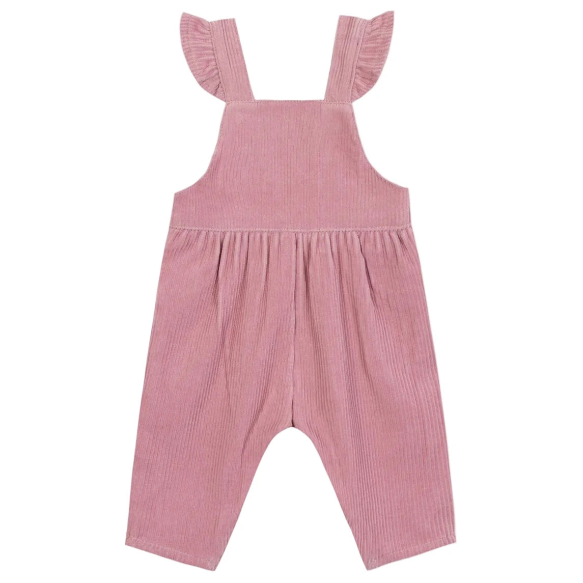 Tartine et Chocolat Baby Girl's Velvet Overalls in Eglantine pink, featuring ruffle straps, sleeveless design, gathered waist, and wide legs, displayed on a plain white background.