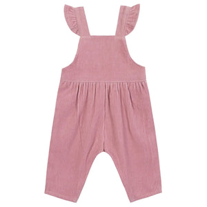 Tartine et Chocolat Baby Girl's Velvet Overalls in Eglantine pink, featuring ruffle straps, sleeveless design, gathered waist, and wide legs, displayed on a plain white background.