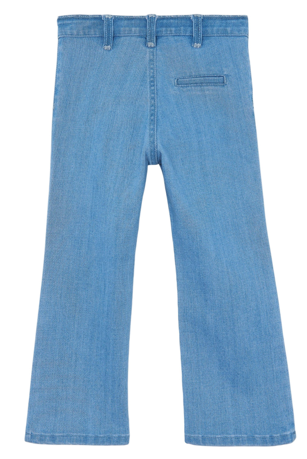 Tartine et Chocolat Girls' Blue Flared Embroidery Jeans feature belt loops, a right back pocket, and chic floral embroidery, shown flat with the back up.